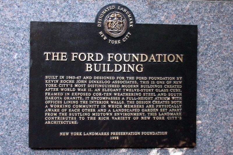 Ford Foundation Building marker from 1998 in the 42nd Street lobby image. Click for full size.