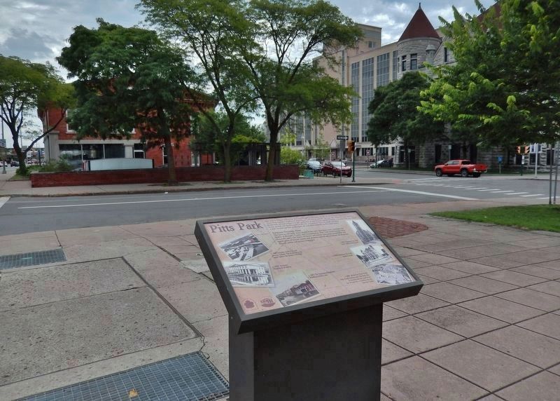 Pitts Park Marker (<i>wide view east<br>across Montgomery Street to the Weighlock Building</i>). Click for full size. Pitts Park Marker (<i>wide view east<br>across Montgomery Street to the Weighlock Building</i>) image. Click for full size.