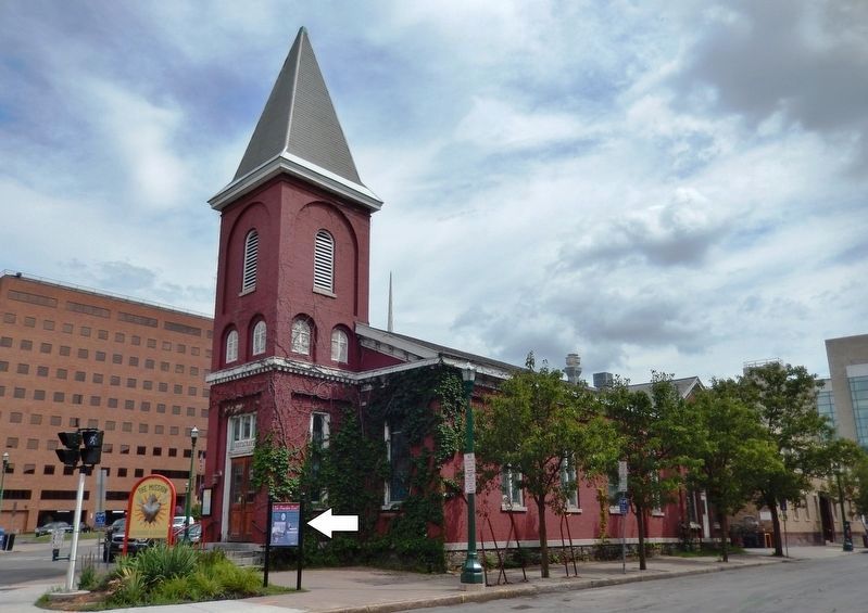 The Great Central Depot Marker<br>(<i>reverse side of this Wesleyan Methodist Church marker</i>). Click for full size. The Great Central Depot Marker<br>(<i>reverse side of this Wesleyan Methodist Church marker</i>) image. Click for full size.