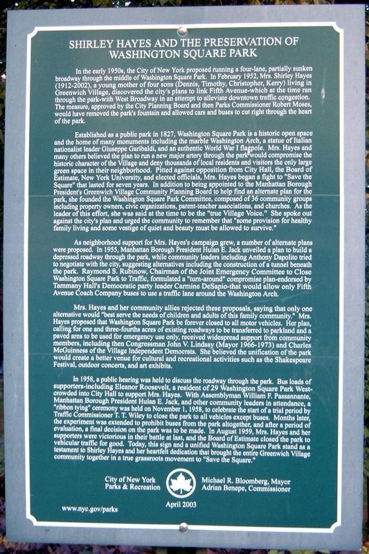 Shirley Hayes and the Preservation of Washington Square Park Marker image. Click for full size.