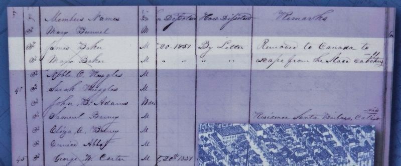 Marker detail: Church record showing that James and Mary Baker had fled to Canada image. Click for full size.