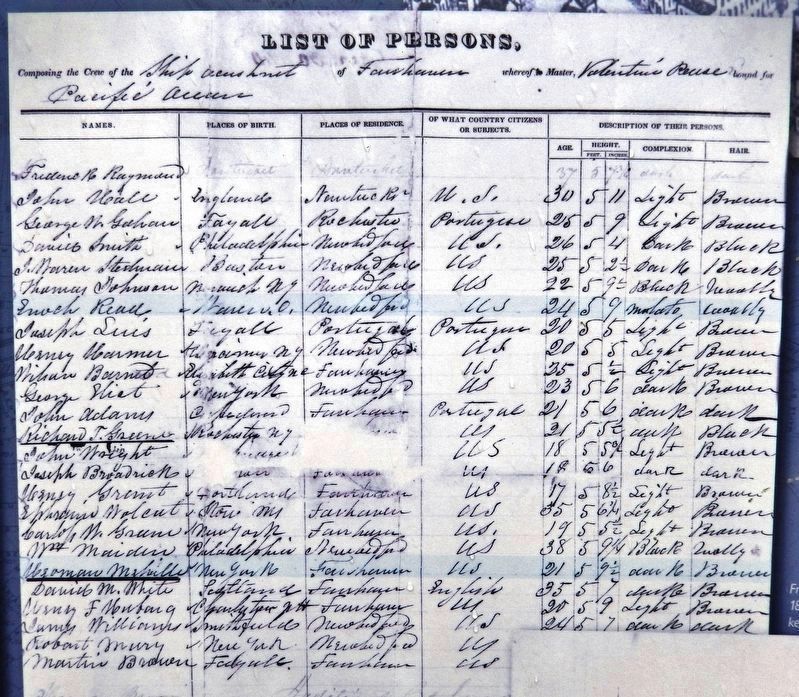 Marker detail: List of Persons from whaling ship <i>Acushnet</i> image. Click for full size.