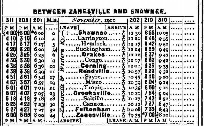 Zanesville and Western Railway Timetable, November 1909 image. Click for full size.