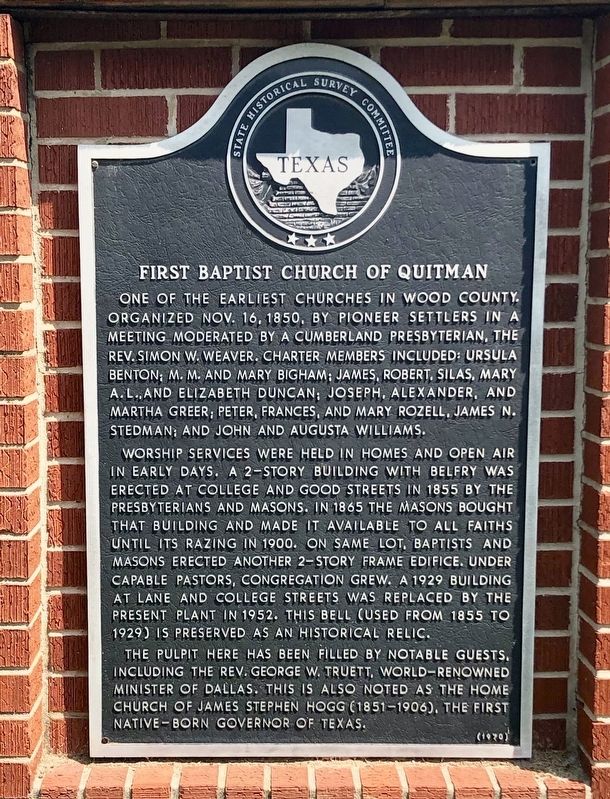 First Baptist Church of Quitman Marker image. Click for full size.