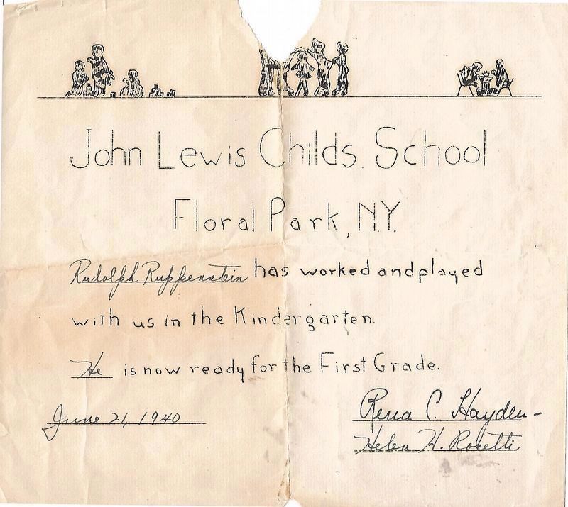 Example of Kindergarten "Diploma" from John Lewis Childs School (June 1940) image. Click for full size.