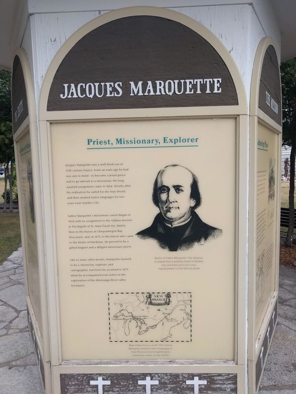 Father Marquette Park Kiosk - Jacques Marquette: Priest, Missionary, Explorer image. Click for full size.