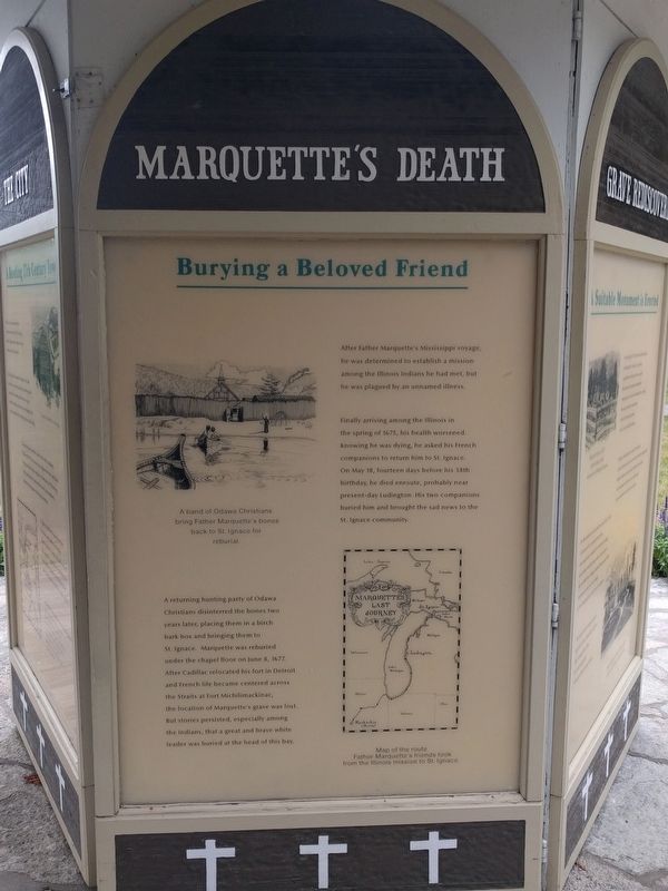 Father Marquette Park Kiosk Marker - Marquette's Death: Burying a Beloved Friend image. Click for full size.