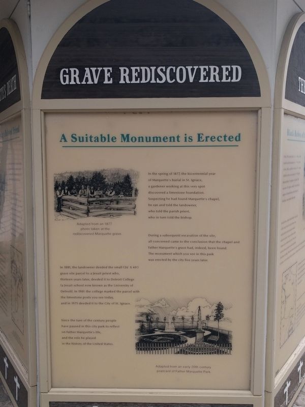 Father Marquette Park Kiosk - Grave Rediscovered: A Suitable Monument is Erected image. Click for full size.