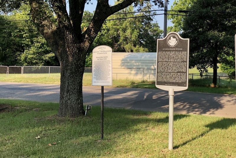 This marker to left of Texas Historical Commission marker about Mineola Spiders. image. Click for full size.
