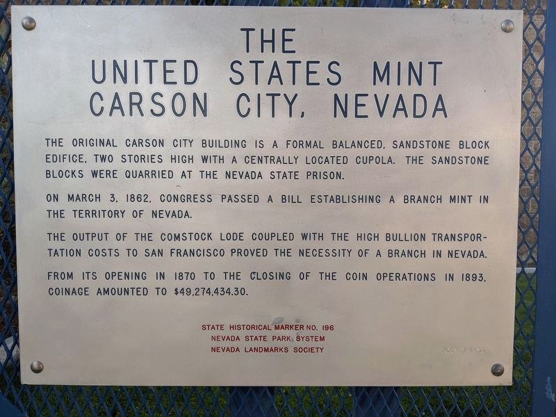 The United States Mint Carson City, Nevada Marker image. Click for full size.