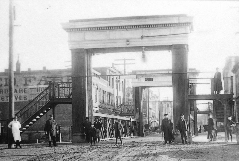Marker detail: 1907 view of the lift bridge looking south from Canal Street along Peterboro Street image. Click for full size.