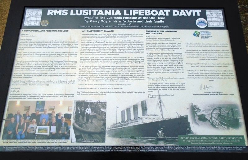 RMS Lusitania Lifeboat Davit Marker image. Click for full size.