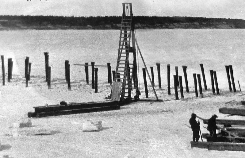 Marker detail: Construction of the loading pier in Chéticamp, February, 1929 for Atlantic Gypsum image. Click for full size.
