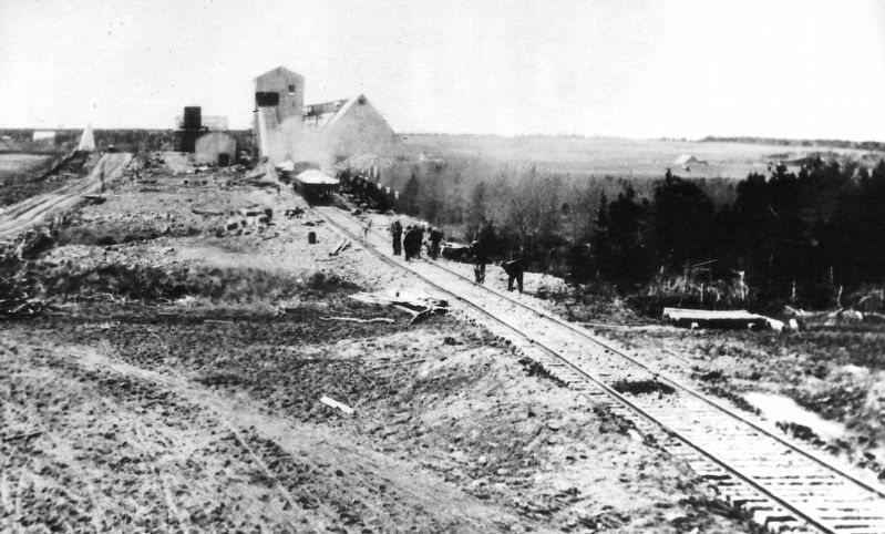 Marker detail: Prep of the road bed for the railway between the quarry and Chéticamp Harbour in 1929 image. Click for full size.