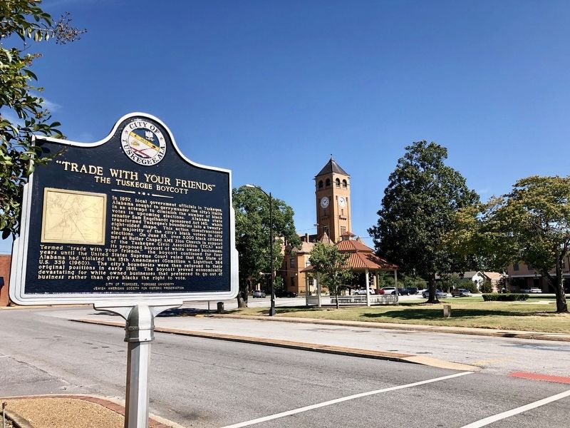 Marker with view towards Macon County Courthouse in distance. image. Click for full size.