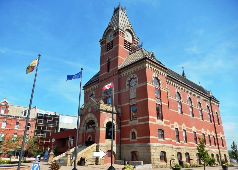 Fredericton City Hall<br>(<i>southeast corner view • marker visible beneath staircase</i>) image. Click for full size.
