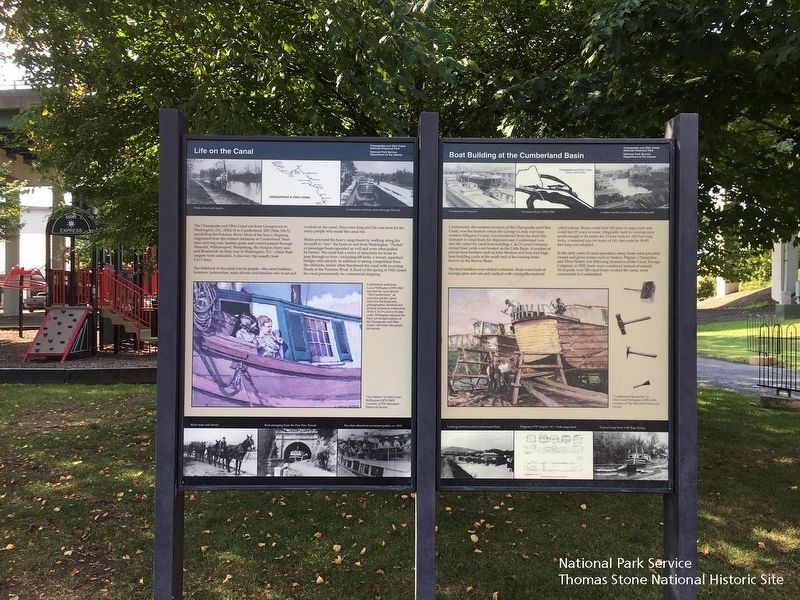 Life on the Canal marker and Boat Building at the Cumberland Basin marker. Click for full size. Life on the Canal marker and Boat Building at the Cumberland Basin marker image. Click for full size.