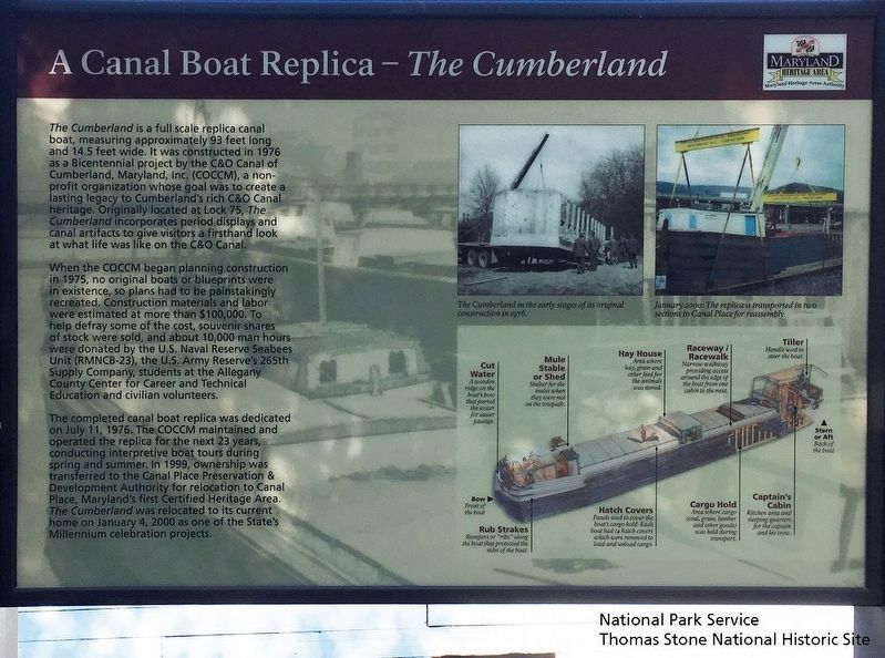 A Canal Boat Replica—<i>The Cumberland</i> Marker. Click for full size. A Canal Boat Replica—<i>The Cumberland</i> Marker image. Click for full size.