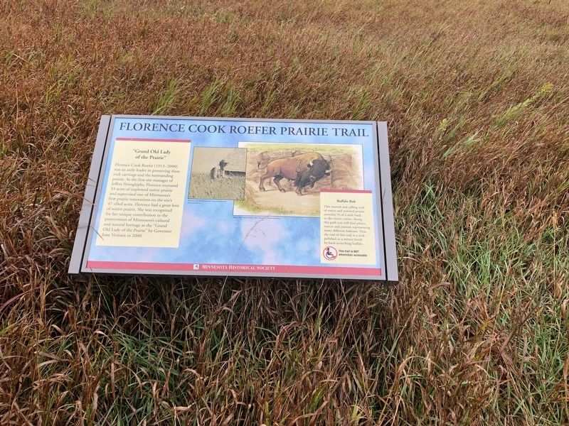 Florence Cook Roefer Prairie Trail Marker. Click for full size. Florence Cook Roefer Prairie Trail Marker image. Click for full size.