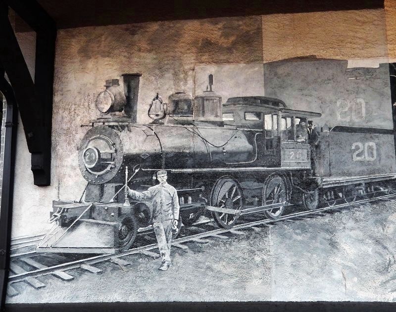Mural 4 • Oiler stands by narrow gauge steam engine. Note the large cowcatcher. image. Click for full size.