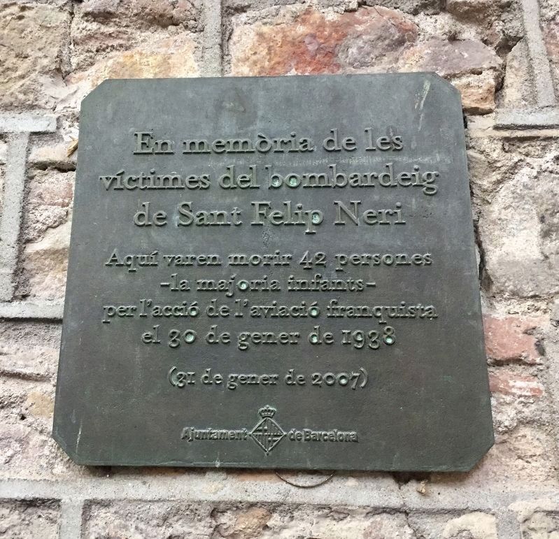 Sant Felip Neri Bombing Memorial Marker. Click for full size. Sant Felip Neri Bombing Memorial Marker image. Click for full size.