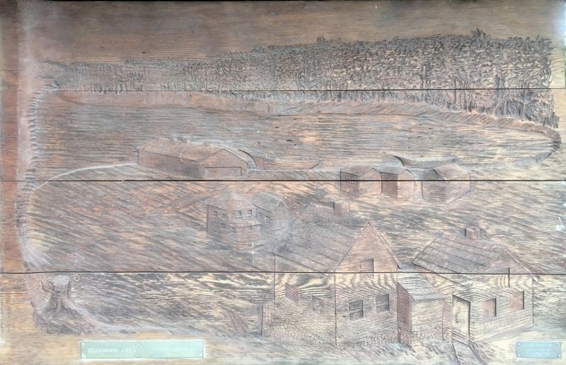 Woodcarving of historical view of Utsalady, carved by Carl Streyer and Gene Remington image. Click for full size.