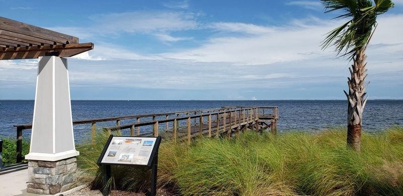 Titusville Florida Marker  <i>wide view<br>(VAB visible beyond pier  in distant background)</i> image. Click for full size.