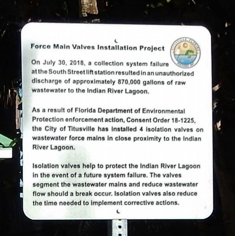 Force Main Valves Installation Project sign<br>(<i>coincidentally posted directly behind marker</i>) image. Click for full size.