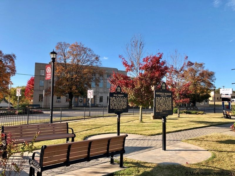 Marker (on right) located in Memorial Park. Madison County Courthouse in background.. Click for full size. Marker (on right) located in Memorial Park. Madison County Courthouse in background. image. Click for full size.