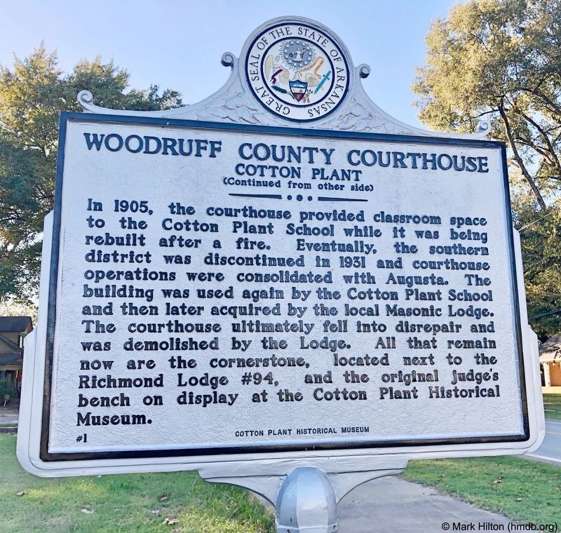 Woodruff County Courthouse Marker (reverse) image. Click for full size.