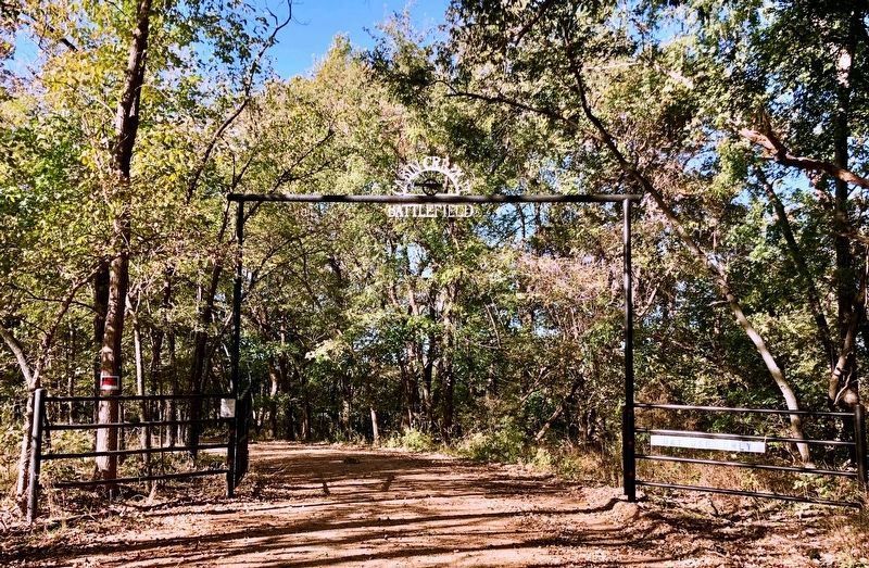 Entrance gate to the current 10 acre Cabin Creek Battlefield park image. Click for full size.