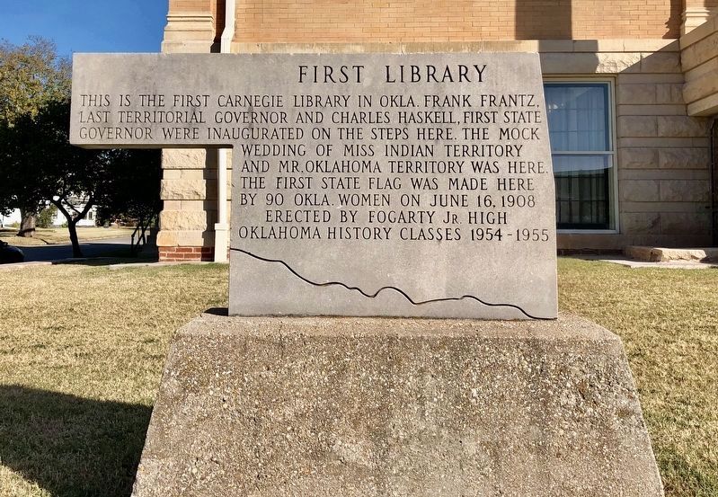 Stone marker noting this was the first Carnegie library in Oklahoma. image. Click for full size.