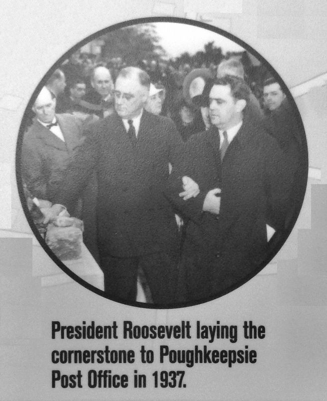 Marker detail: President Roosevelt laying the cornerstone to Poughkeepsie Post Office in 1937 image. Click for full size.