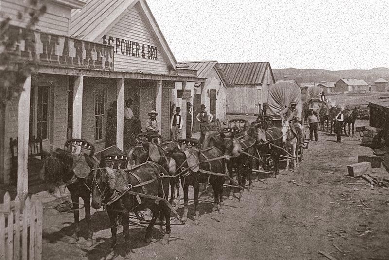 Freight wagon at Fort Benton circa 1880s.. Click for full size. Freight wagon at Fort Benton circa 1880s. image. Click for full size.