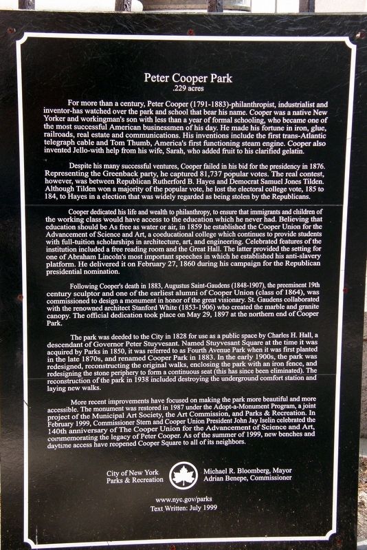 Peter Cooper Park Marker. Click for full size. Peter Cooper Park Marker image. Click for full size.