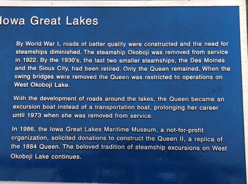 Steamships of the Iowa Great Lakes Marker. Click for full size. Steamships of the Iowa Great Lakes Marker image. Click for full size.