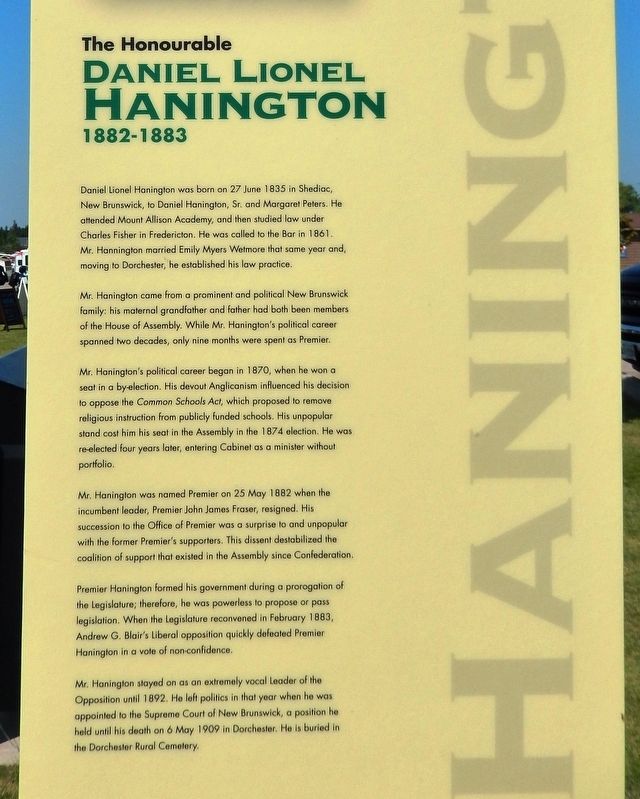The Honorable Daniel Lionel Hanington Marker (<i>English</i>). Click for full size. The Honorable Daniel Lionel Hanington Marker (<i>English</i>) image. Click for full size.