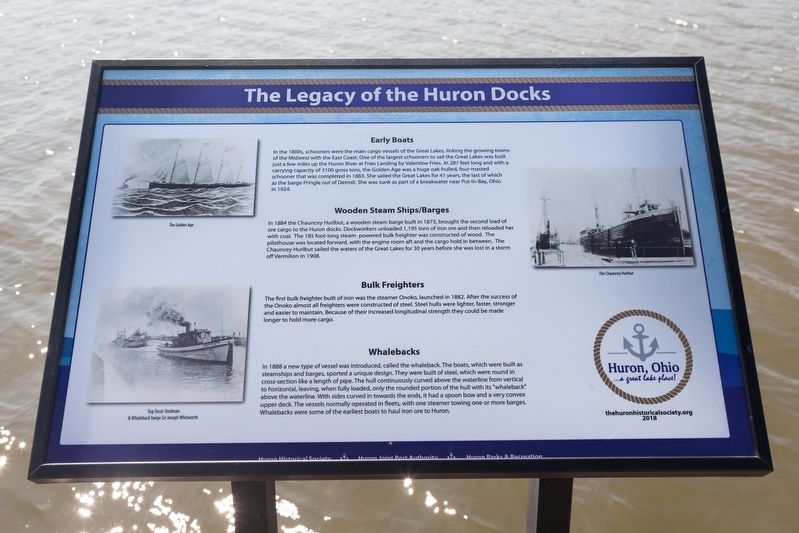 Early Boats / Wooden Steam Ships and Barges / Bulk Freighters / Whalebacks interpretive panel image. Click for full size.