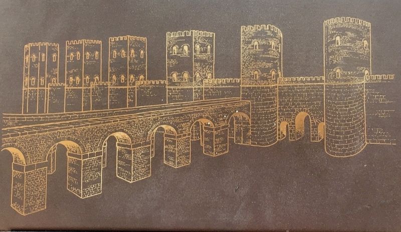 Marker inset: artist's rendition of towers, aqueduct, and gate image. Click for full size.