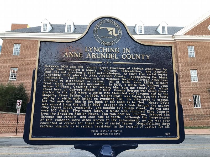Lynching in Anne Arundel County side of marker at former location. image. Click for full size.
