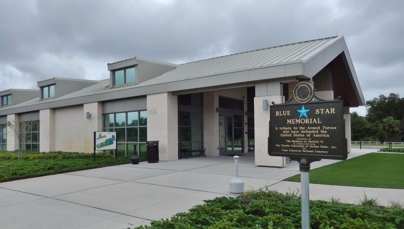 Blue Star Memorial Marker<br>(<i>wide view cemetery administration building in background</i>). Click for full size. Blue Star Memorial Marker<br>(<i>wide view cemetery administration building in background</i>) image. Click for full size.