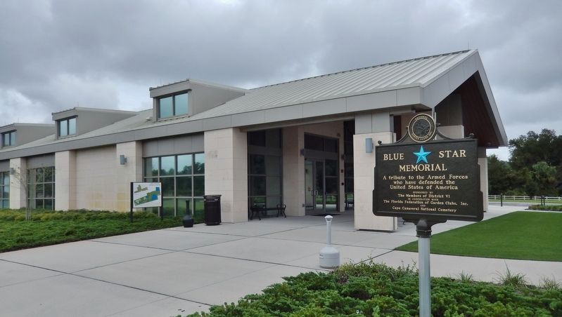 Blue Star Memorial Marker<br>(<i>wide view  cemetery administration building in background</i>) image. Click for full size.