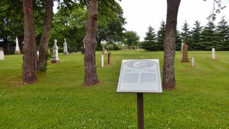 La fondation de Miscouche Marker<br>(<i>wide view • Saint John Baptist Cemetery in background</i>). Click for full size. La fondation de Miscouche Marker<br>(<i>wide view • Saint John Baptist Cemetery in background</i>) image. Click for full size.
