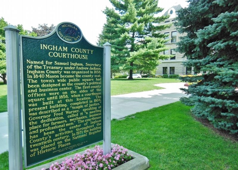 Ingham County Courthouse Marker  <i>wide view<br>(Courthouse in background)</i> image. Click for full size.