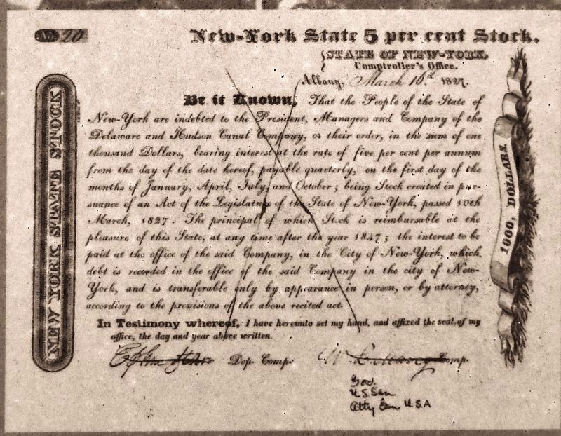 Marker detail: Stock issued in the D&H Canal. Click for full size. Marker detail: Stock issued in the D&H Canal image. Click for full size.