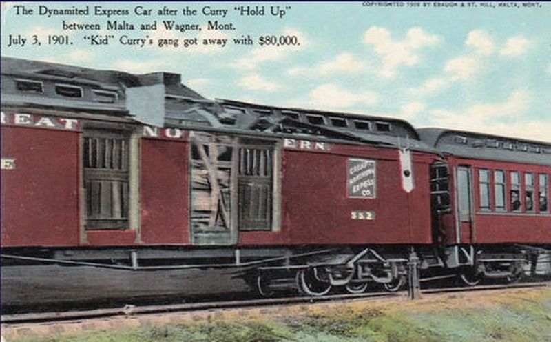 The dynamited Great Northern express car robbed July 3, 1901 image. Click for full size.