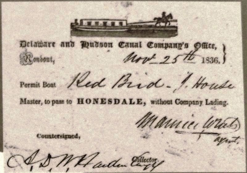 Marker detail: Permit for Boat “Red Bird House,”<br>issued by the D&H Canal image. Click for full size.