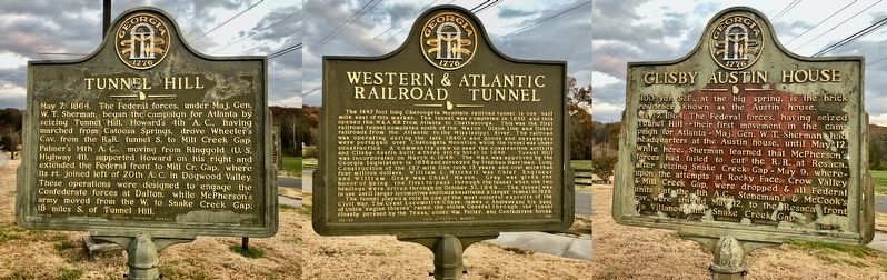 Three nearby markers about Tunnel Hill, the railroad and Clisby Austin. image. Click for full size.