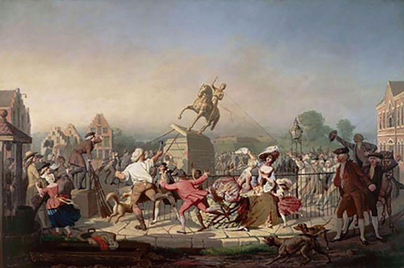 Toppling of King George III Statue in Bowling Green Park, New York. image. Click for full size.