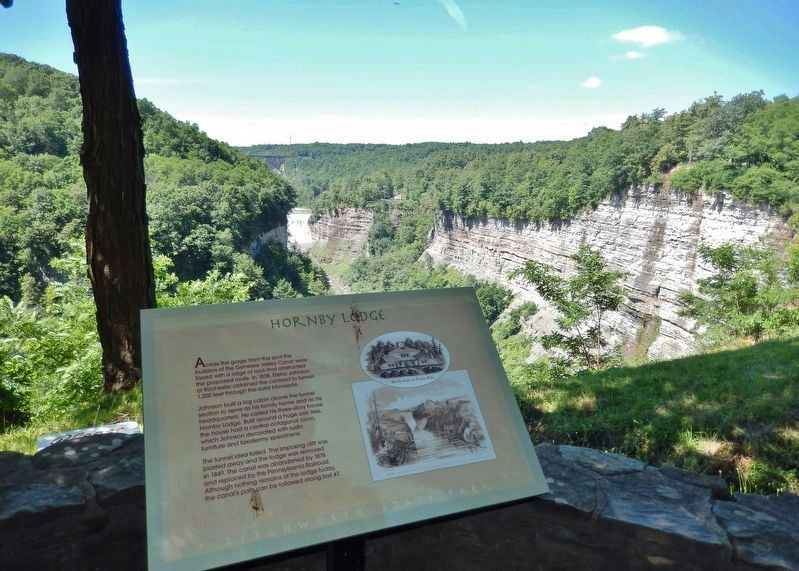 Hornby Lodge Marker � <i>wide view<br>(Genesee River Gorge in background)</i> image. Click for full size.